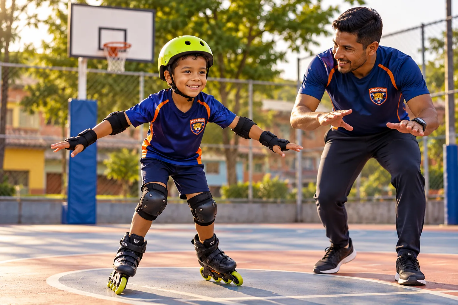 Niña patinadora practica equilibrio con su profesor en una cancha abierta de baloncesto