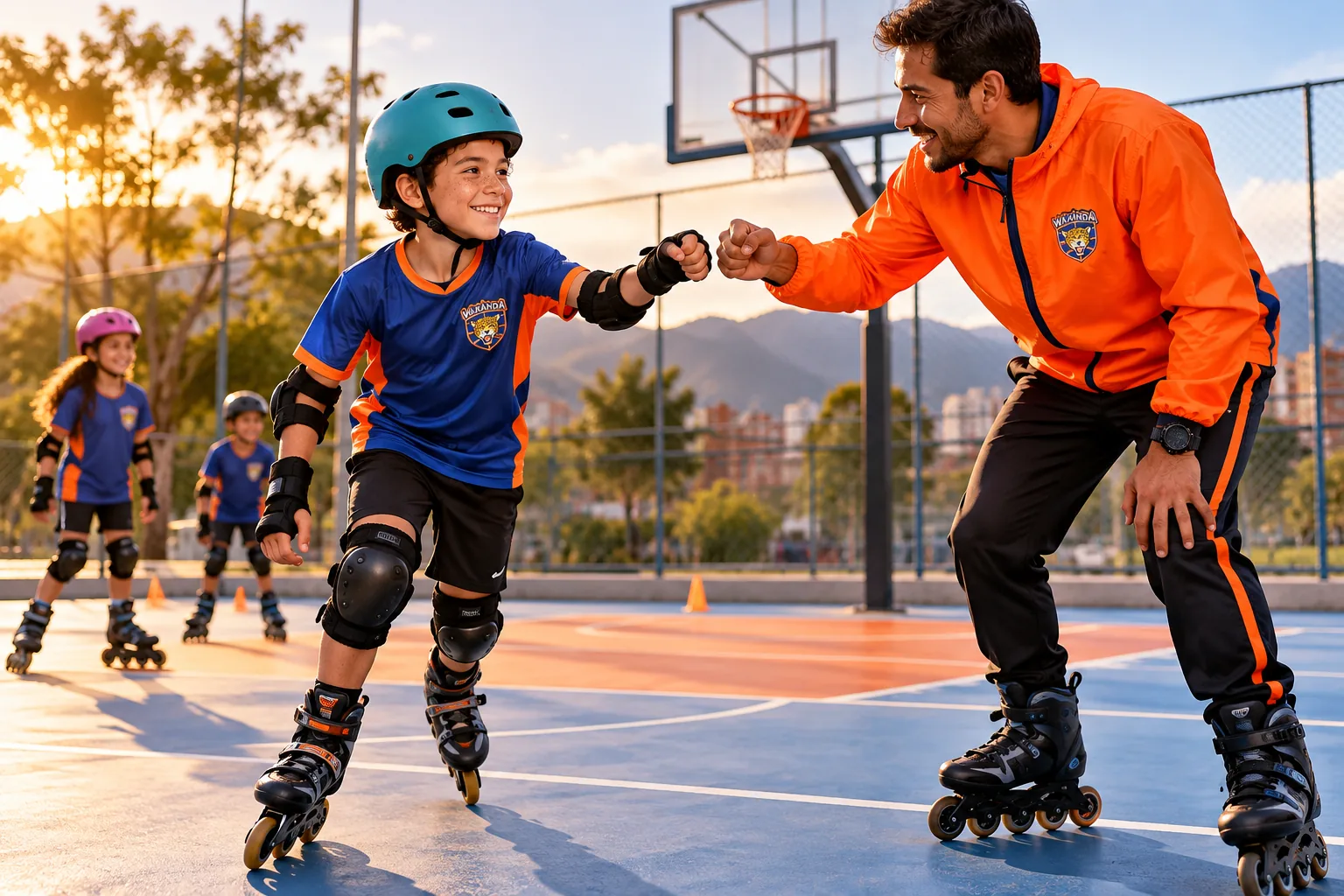 Niño aprende a deslizarse con un profesor hombre en una cancha de baloncesto al aire libre