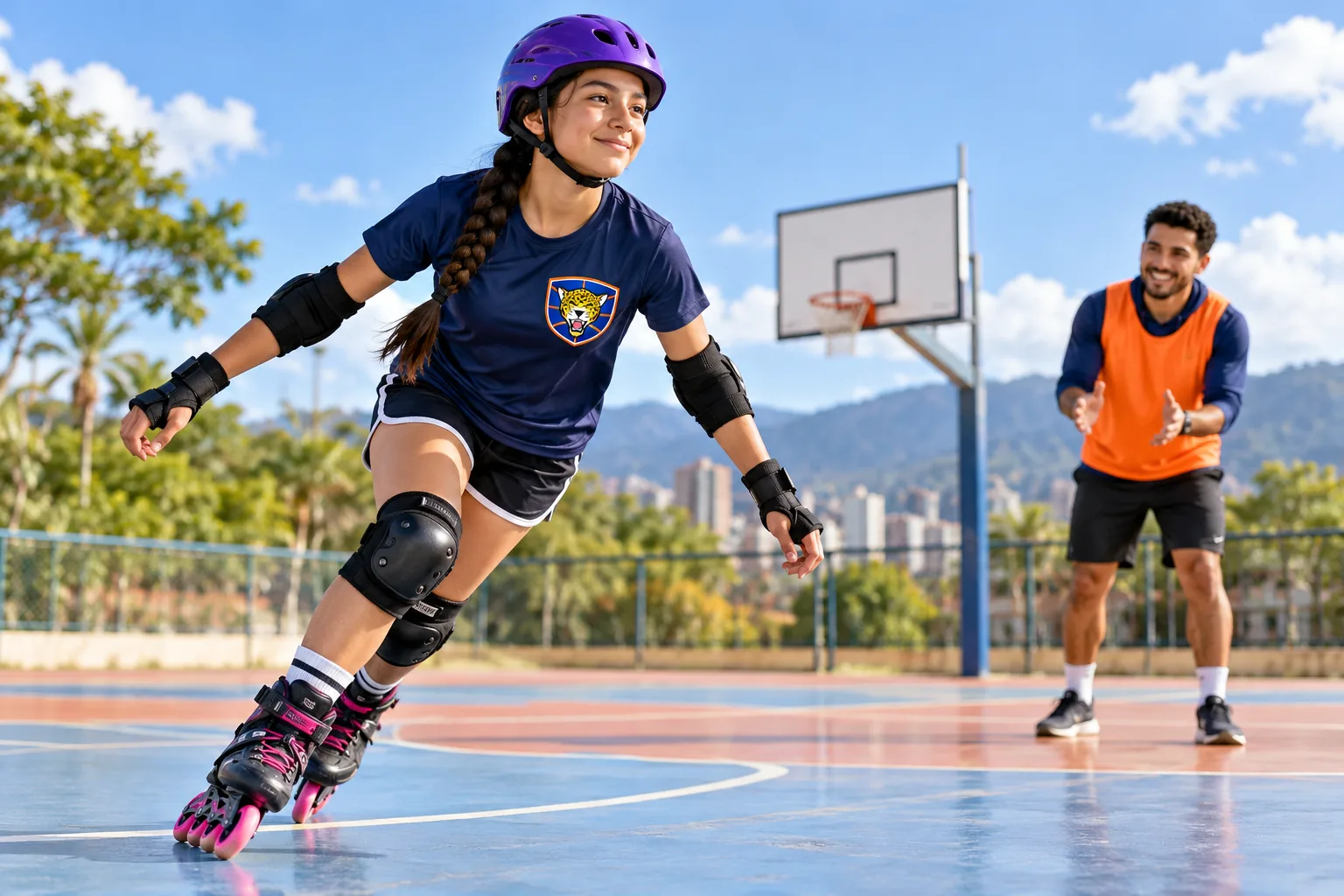 Niña patina con seguridad mientras su profesor la anima en una cancha abierta