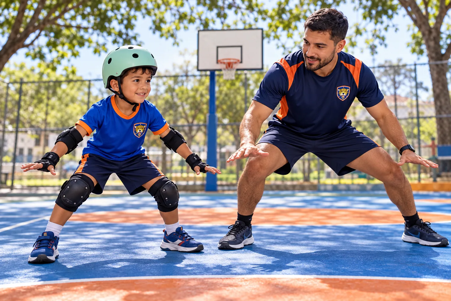 Un niño practica el equilibrio en patines con guía cercana de su profesor